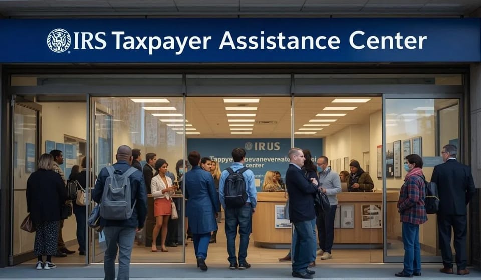 Taxpayers entering an IRS building for the special IRS Saturday opening hours.