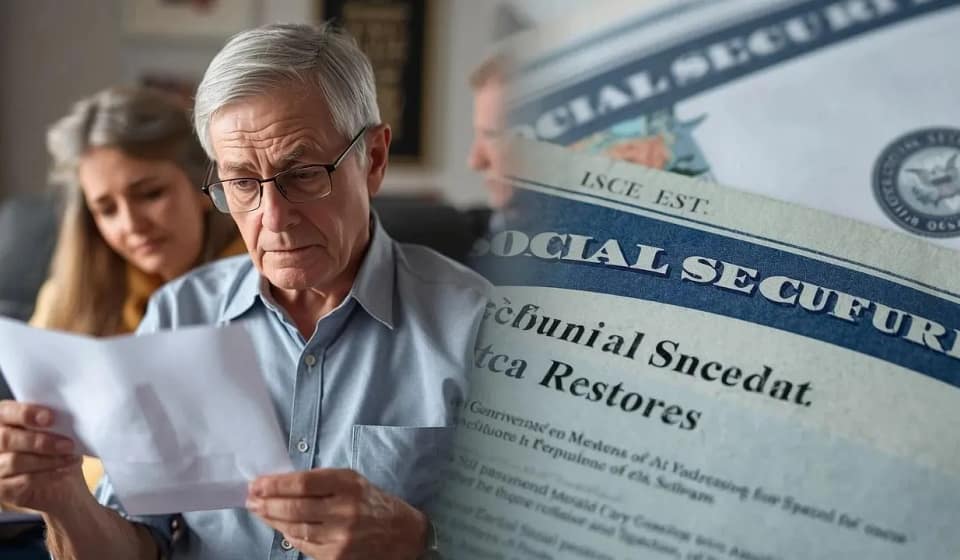 An elderly individual looking concerned at an SSA Benefits Halt notice on a laptop.